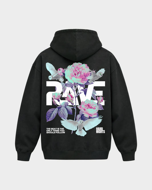 Rave Flowers – Oversized Hoodie in Schwarz, Rückenprint – Hard Nights