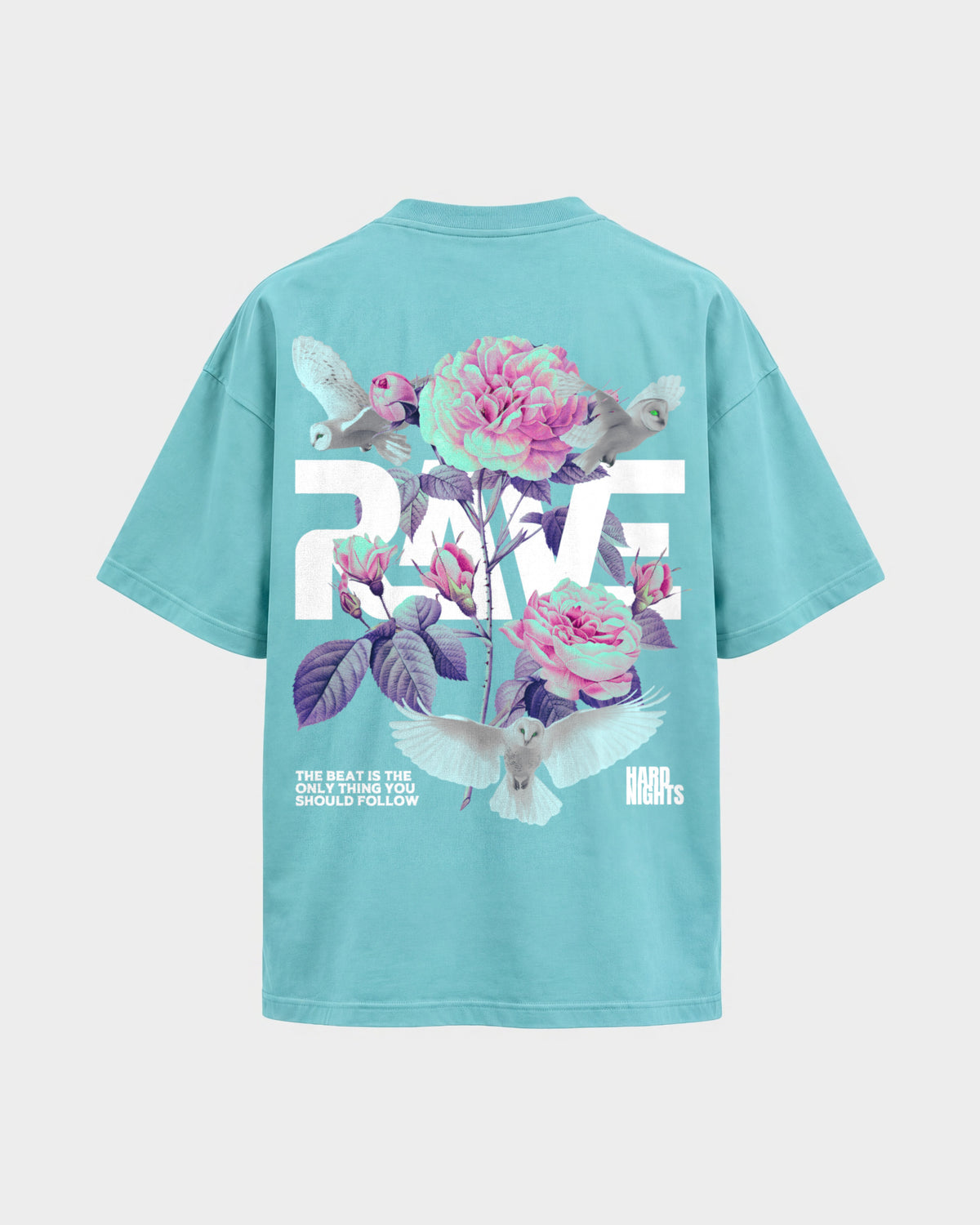 Rave Flowers – Oversized Shirt in Berylblau, Rückenprint – Hard Nights