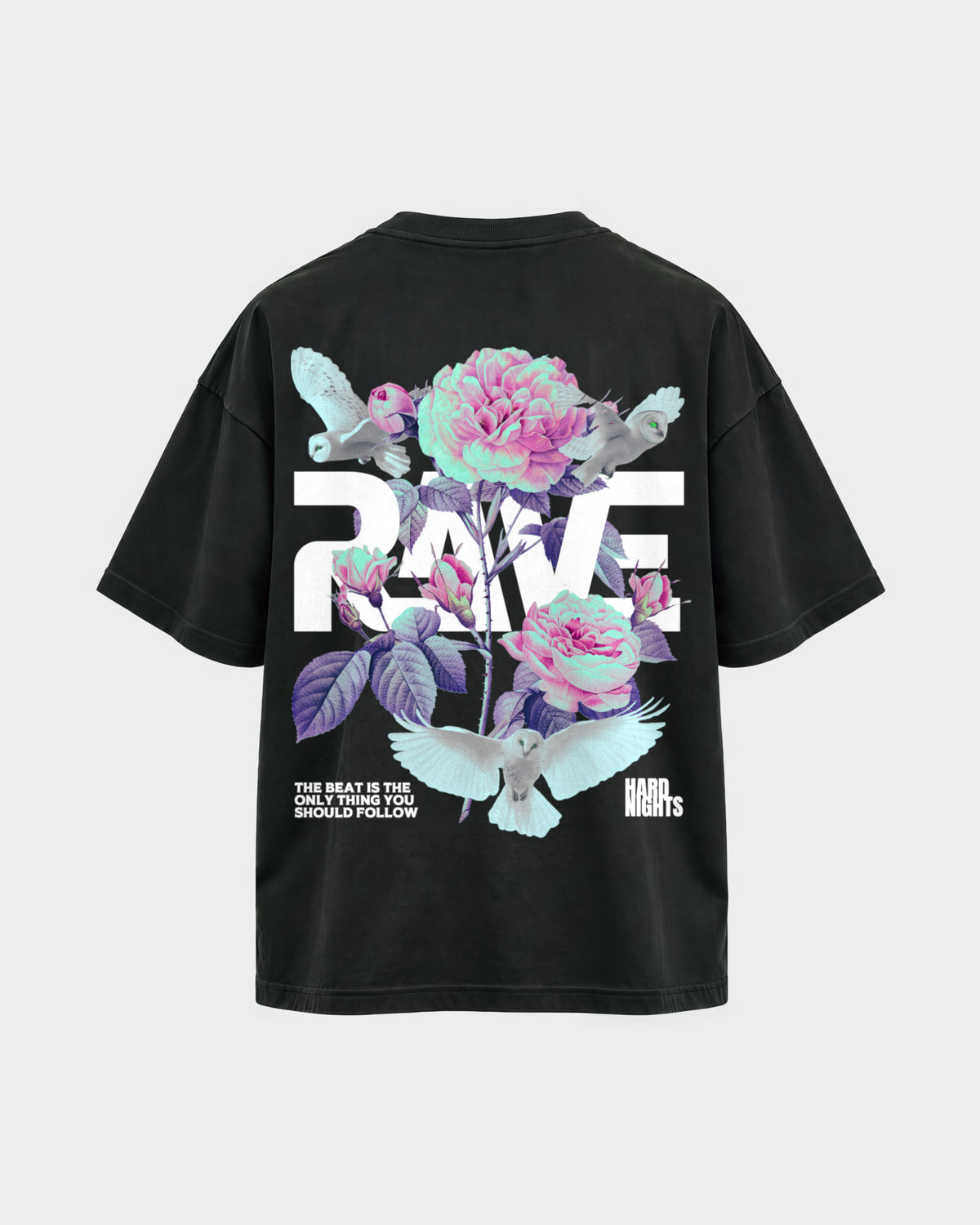 Rave Flowers – Oversized Shirt in Schwarz, Rückenprint – Hard Nights