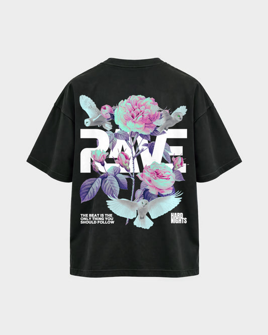 Rave Flowers – Oversized Shirt in Schwarz, Rückenprint – Hard Nights