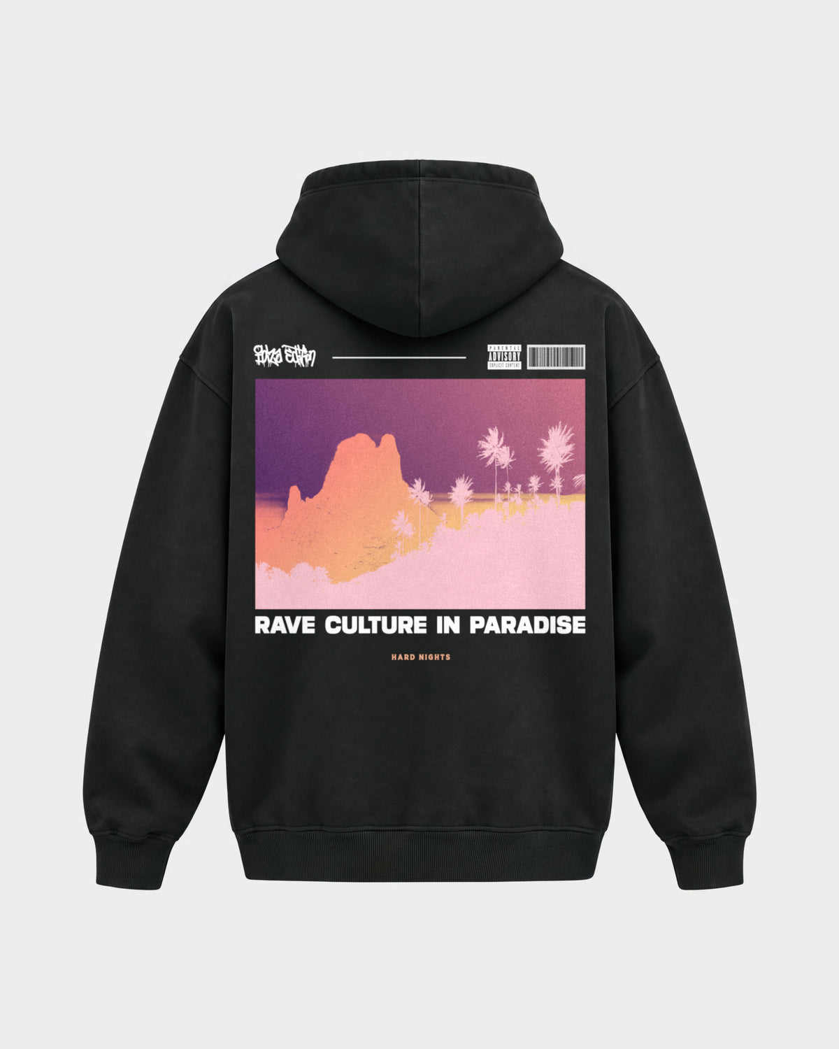Rave in paradise – Oversized Hoodie in Schwarz, Rückenprint – Hard Nights