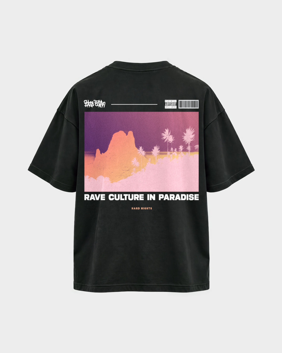 Rave in paradise – Oversized Shirt in Schwarz, Rückenprint – Hard Nights