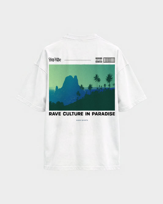 Rave in paradise – Oversized Shirt in Weiß, Rückenprint – Hard Nights