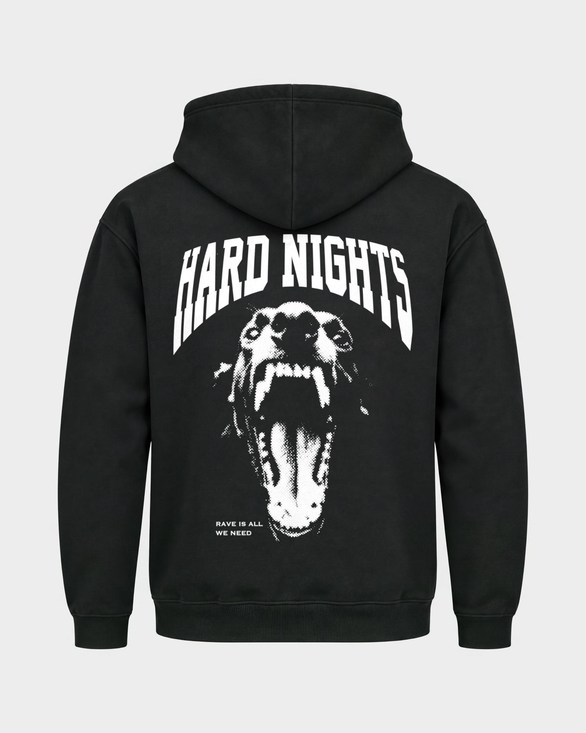 Rave is all we need – Basic Hoodie in Schwarz, Rückenprint – Hard Nights