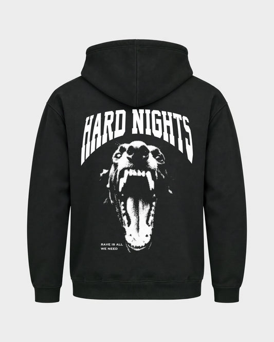 Rave is all we need – Basic Hoodie in Schwarz, Rückenprint – Hard Nights