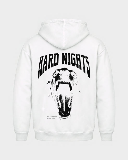 Rave is all we need – Basic Hoodie in Weiß, Rückenprint – Hard Nights
