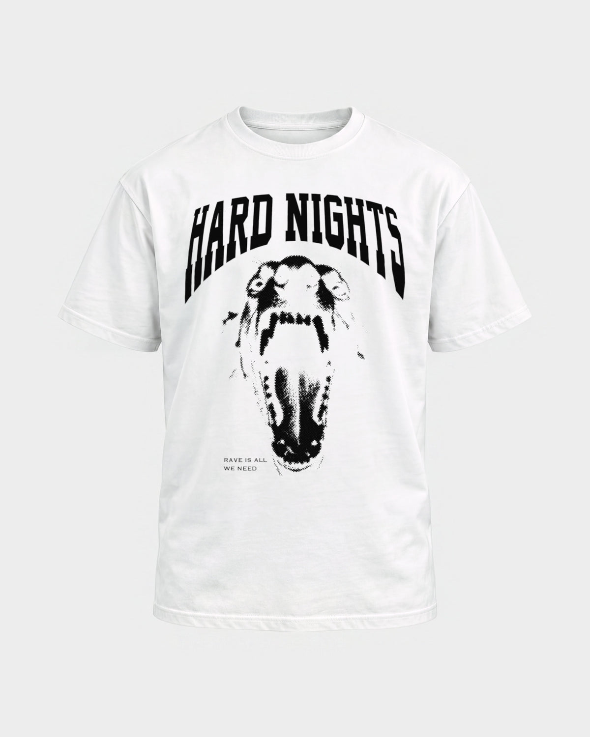 Rave is all we need – Basic Shirt in Weiß, Frontprint – Hard Nights