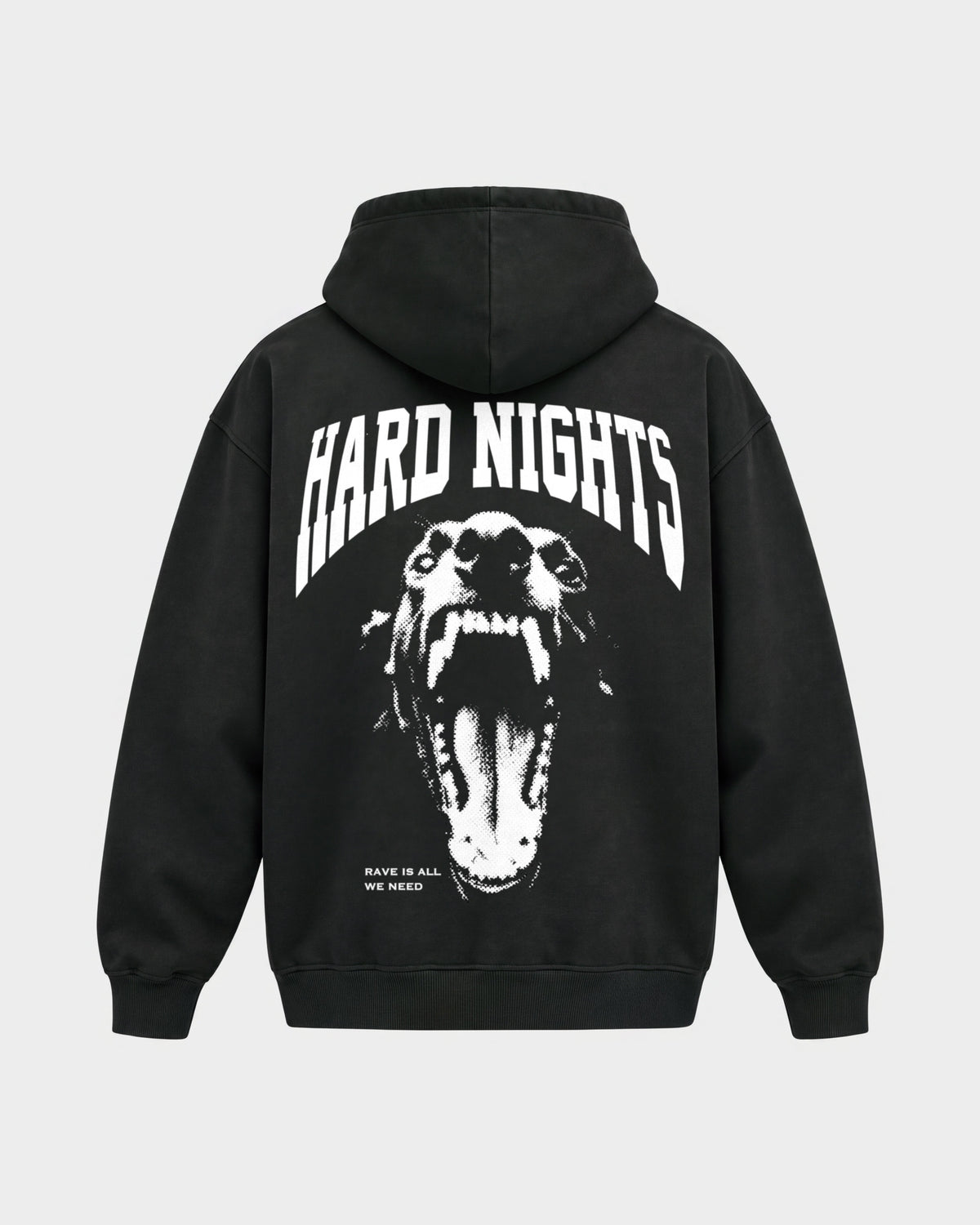 Rave is all we need – Oversized Hoodie in Schwarz, Rückenprint – Hard Nights
