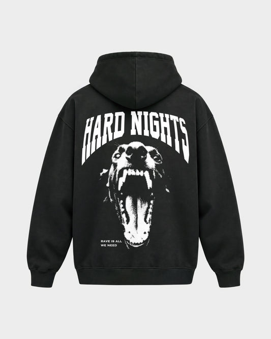 Rave is all we need – Oversized Hoodie in Schwarz, Rückenprint – Hard Nights