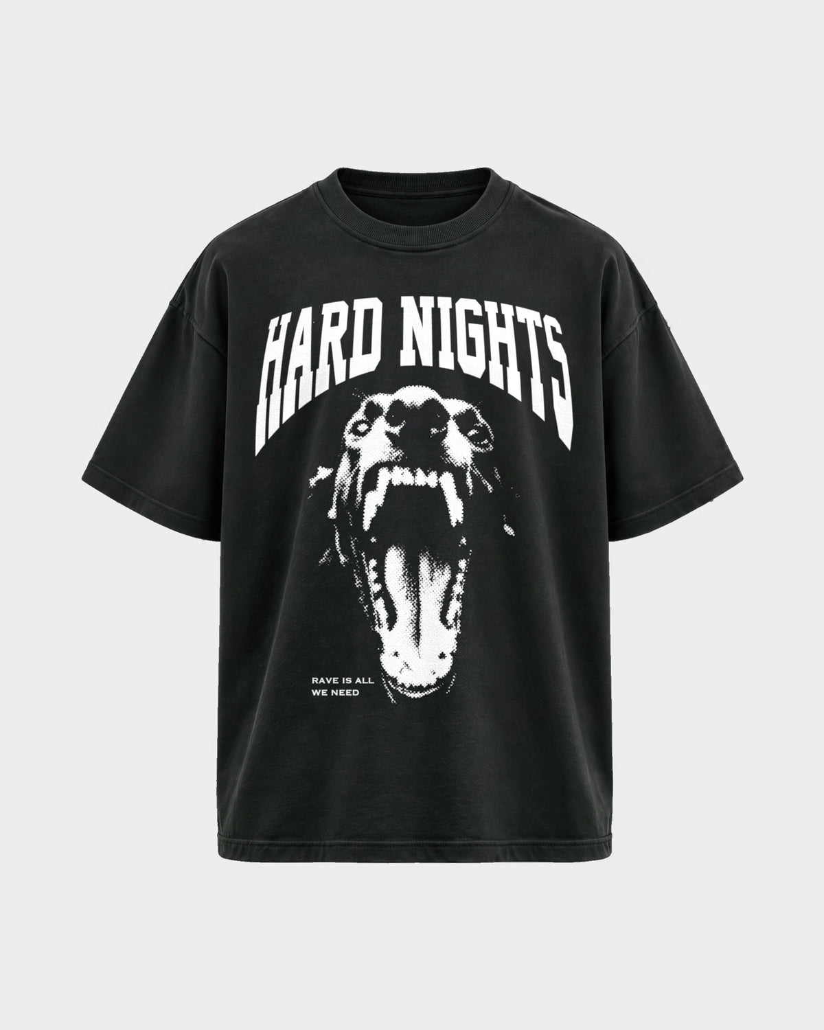 Rave is all we need – Oversized Shirt in Schwarz, Frontprint – Hard Nights