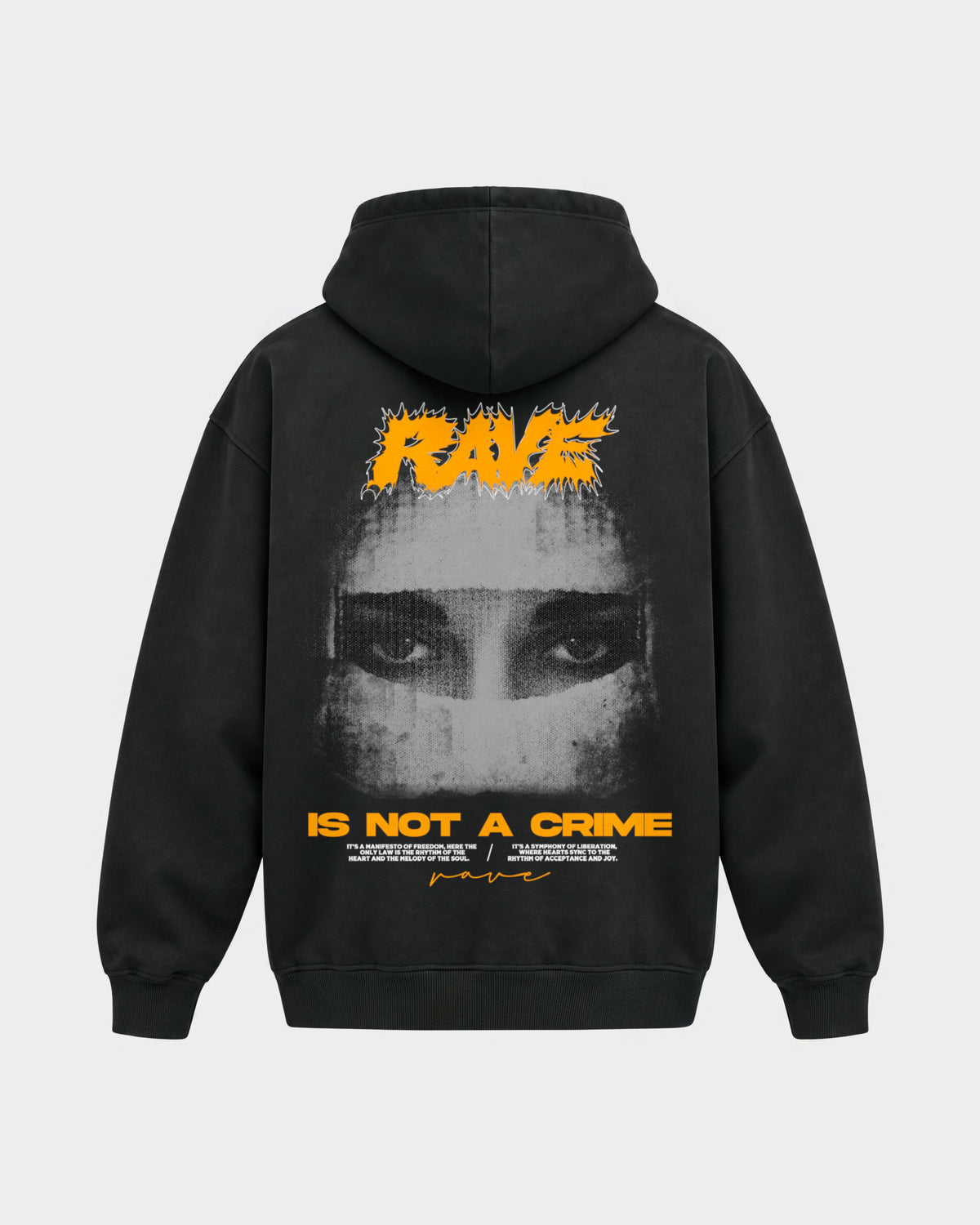 Rave is not a crime – Oversized Hoodie in Schwarz, Rückenprint – Hard Nights