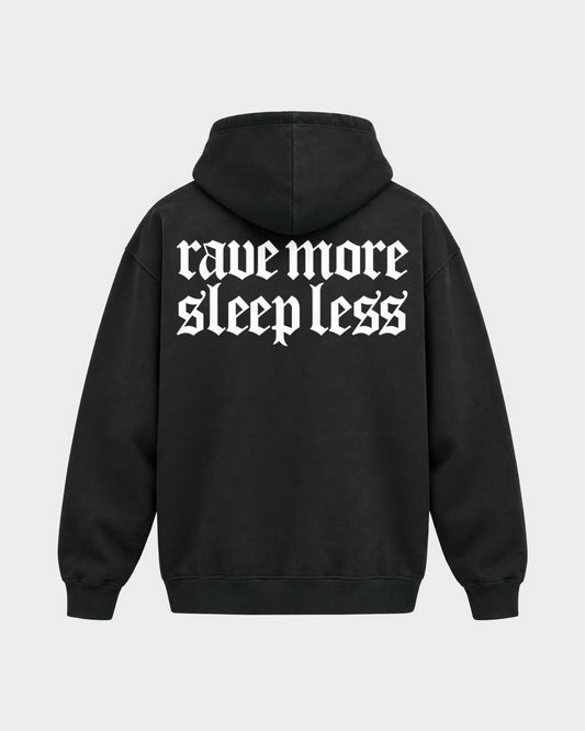 Rave more sleep less – Oversized Hoodie in Schwarz, Rückenprint – Hard Nights