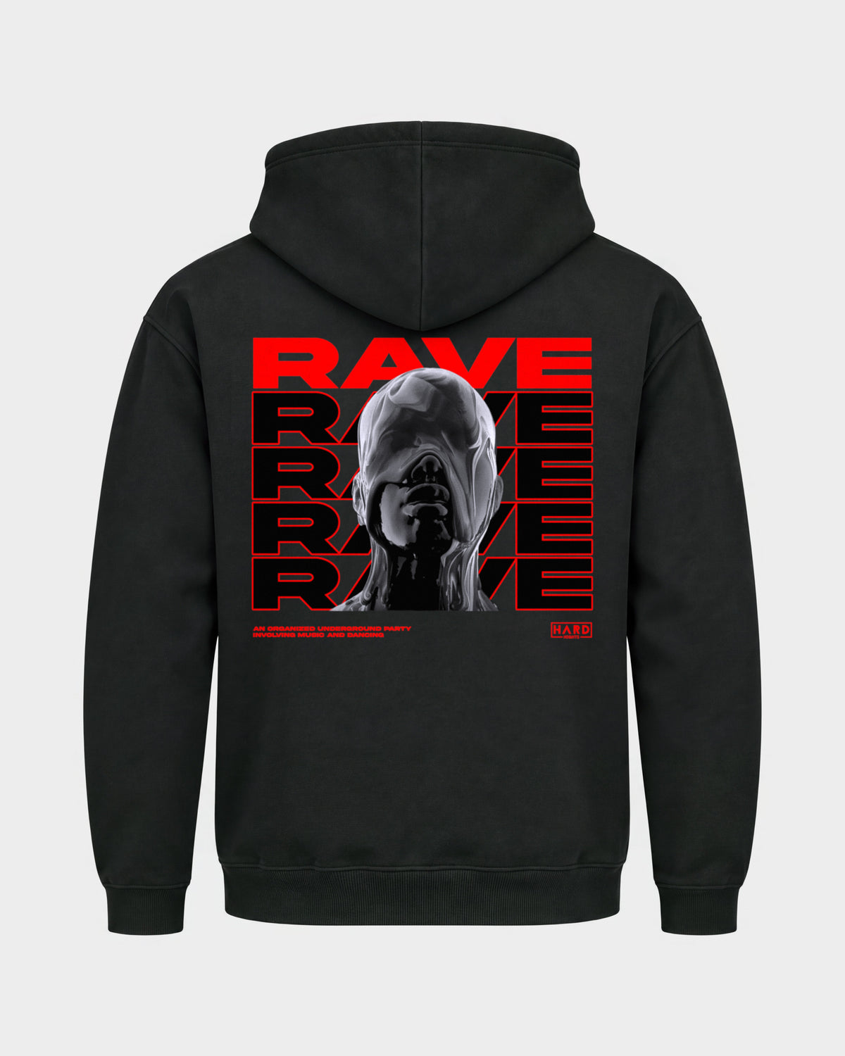 Rave Rave Rave – Basic Hoodie in Schwarz, Rückenprint – Hard Nights