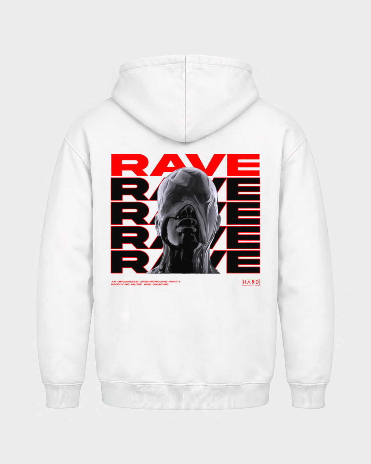 Rave Rave Rave – Basic Hoodie in Weiß, Rückenprint – Hard Nights