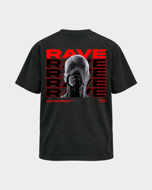 Rave Rave Rave – Basic Shirt in Schwarz, Rückenprint – Hard Nights