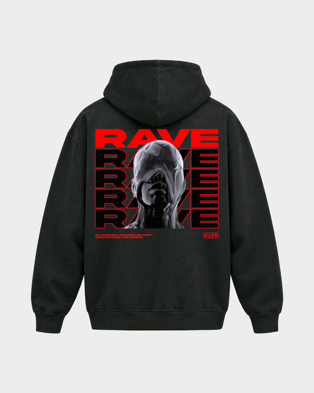 Rave Rave Rave – Oversized Hoodie in Schwarz, Rückenprint – Hard Nights