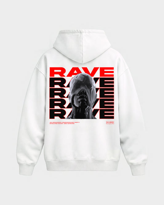 Rave Rave Rave – Oversized Hoodie in Weiß, Rückenprint – Hard Nights