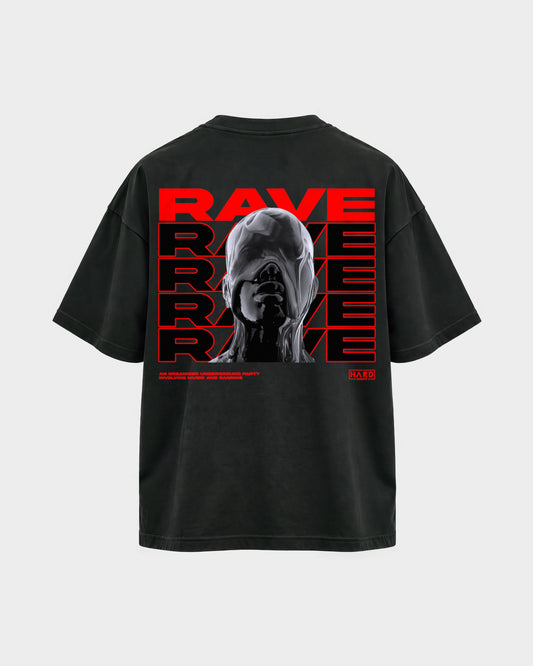 Rave Rave Rave – Oversized Shirt in Schwarz, Rückenprint – Hard Nights