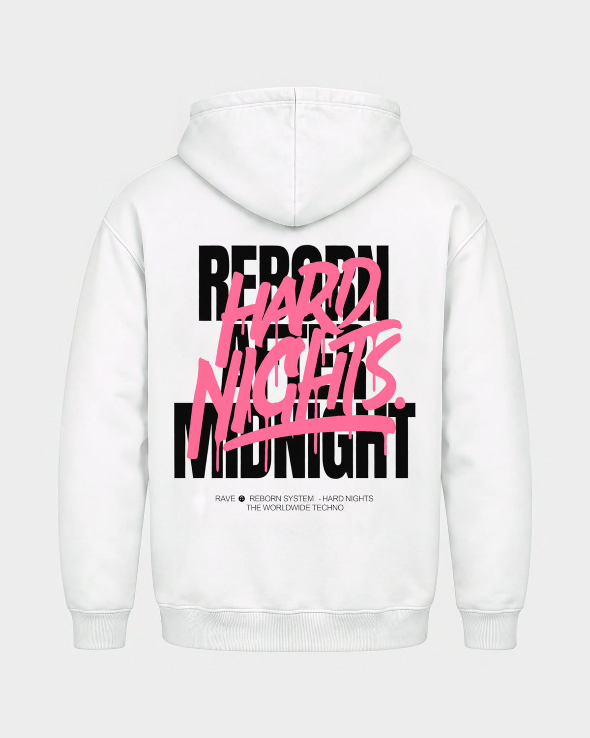 Rave Reborn System – Basic Hoodie in Weiß, Rückenprint – Hard Nights