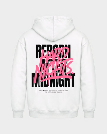 Rave Reborn System – Basic Hoodie in Weiß, Rückenprint – Hard Nights