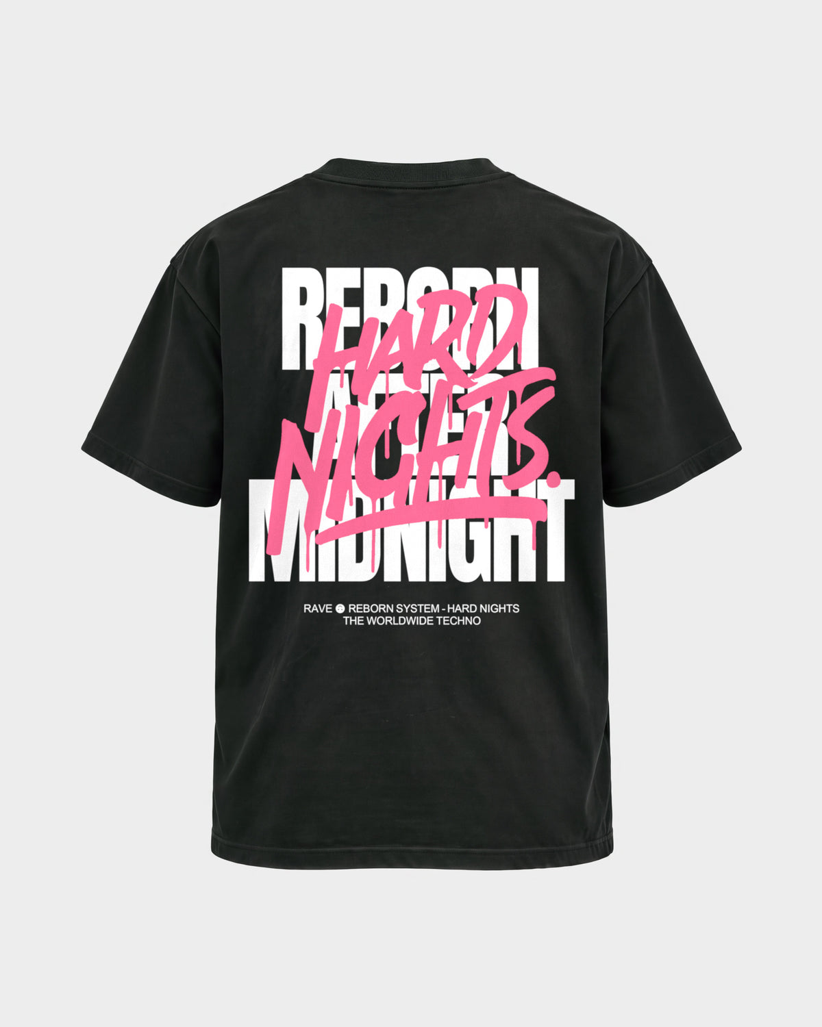 Rave Reborn System – Basic Shirt in Schwarz, Rückenprint – Hard Nights