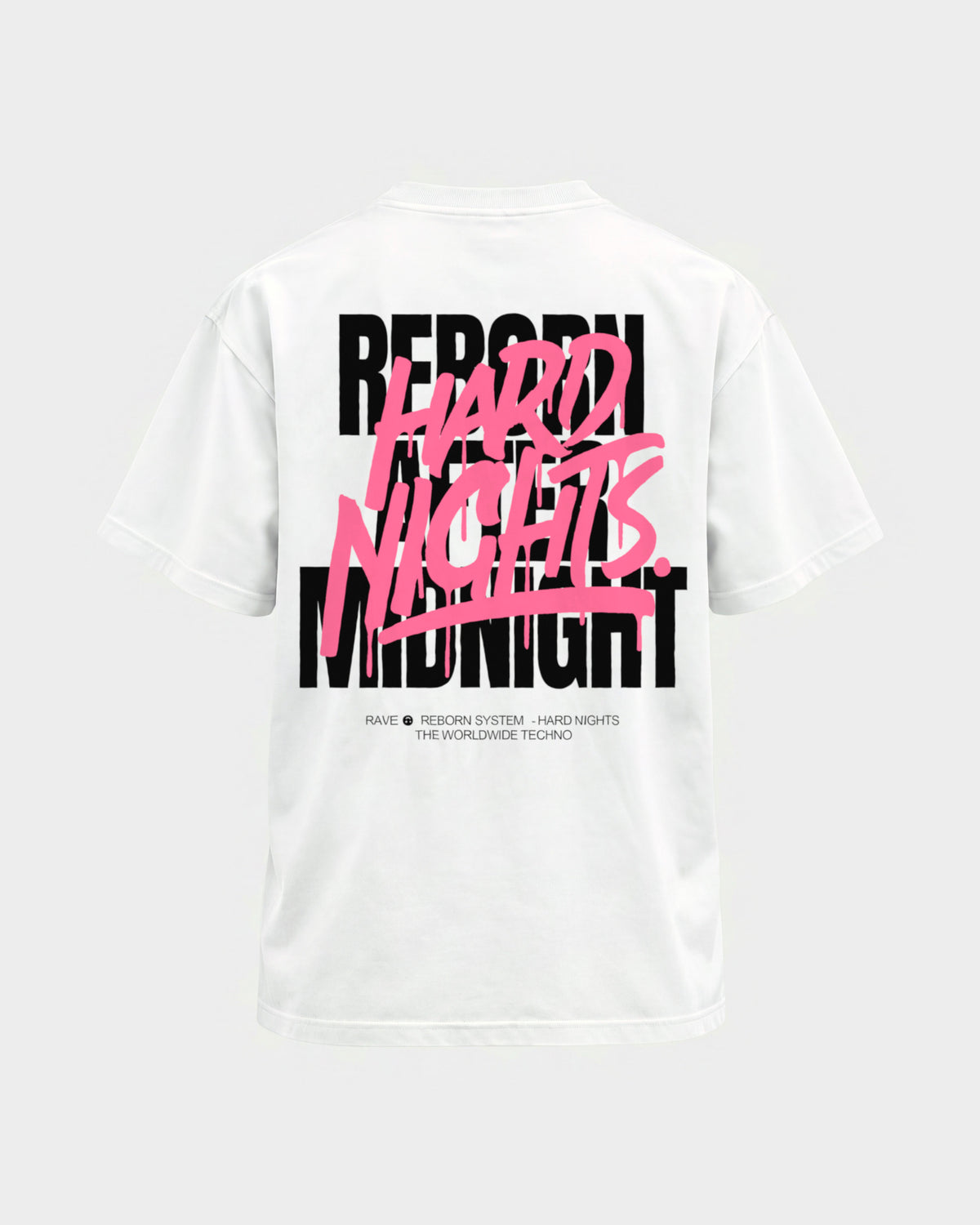 Rave Reborn System – Basic Shirt in Weiß, Rückenprint – Hard Nights