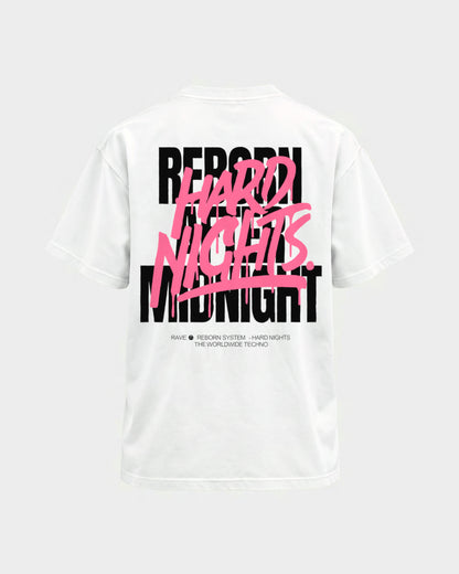 Rave Reborn System – Basic Shirt in Weiß, Rückenprint – Hard Nights