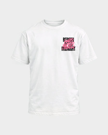 Rave Reborn System – Basic Shirt in Weiß, Frontprint – Hard Nights