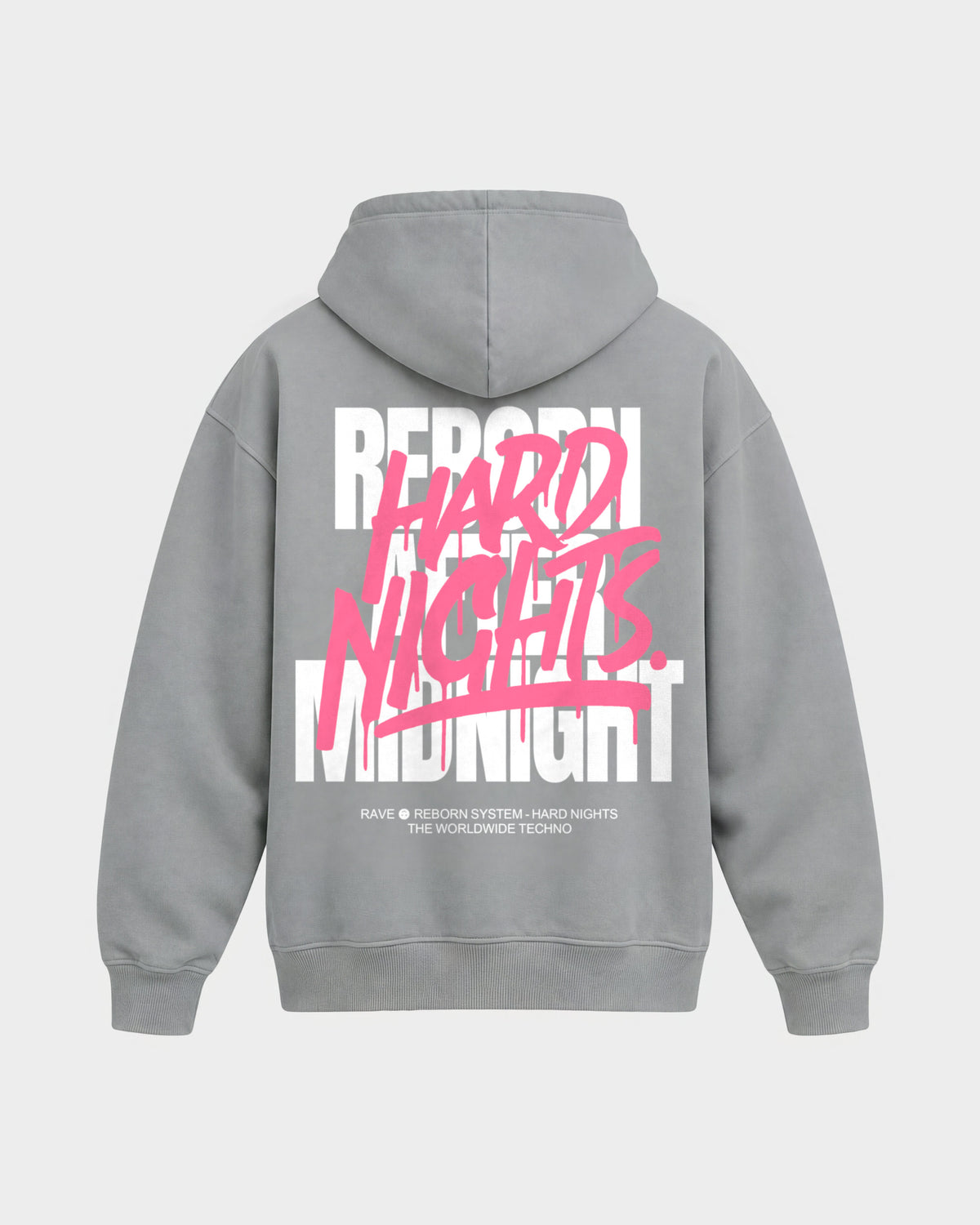 Rave Reborn System – Oversized Hoodie in Hellgrau, Rückenprint – Hard Nights