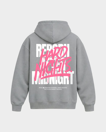 Rave Reborn System – Oversized Hoodie in Hellgrau, Rückenprint – Hard Nights