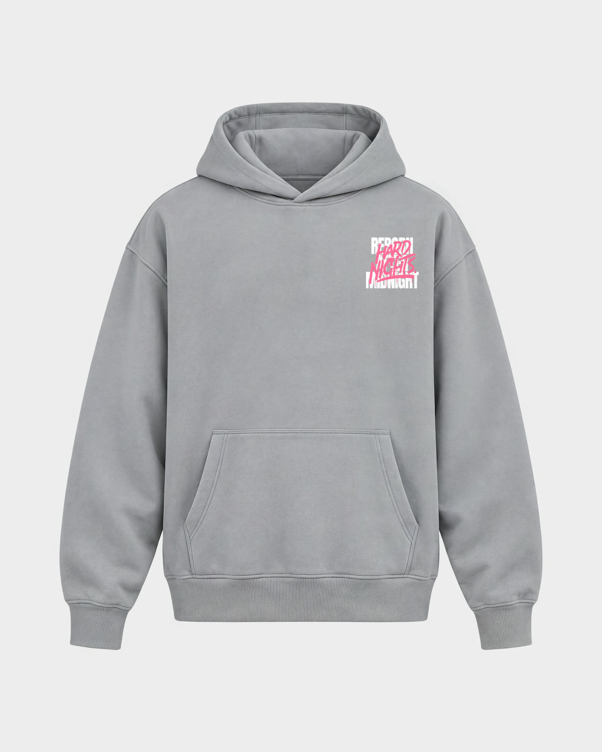 Rave Reborn System – Oversized Hoodie in Hellgrau, Frontprint – Hard Nights