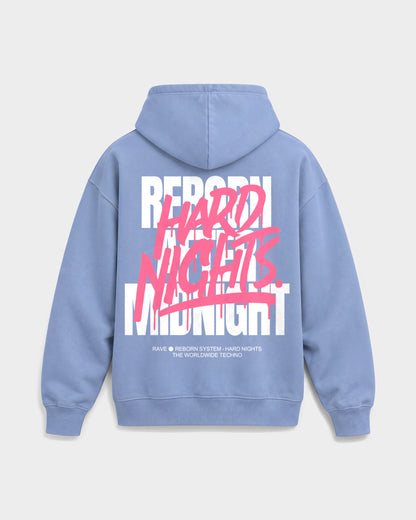 Rave Reborn System – Oversized Hoodie in Puderblau, Rückenprint – Hard Nights