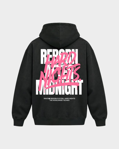 Rave Reborn System – Oversized Hoodie in Schwarz, Rückenprint – Hard Nights