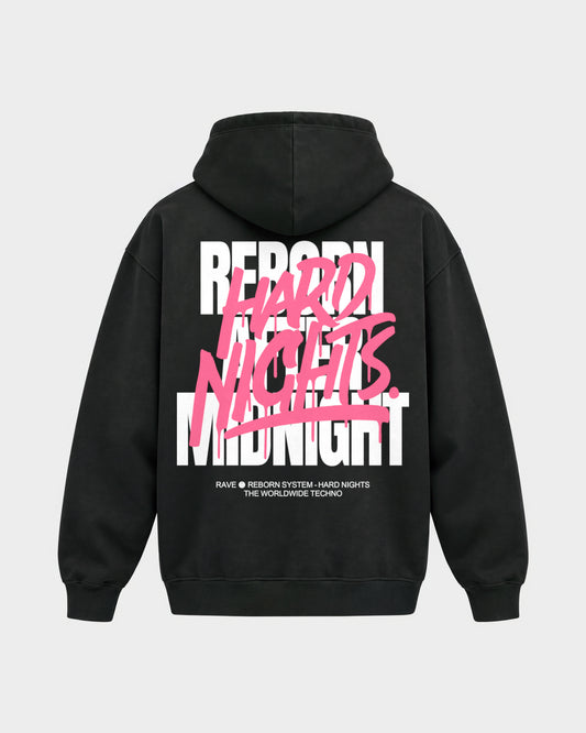 Rave Reborn System – Oversized Hoodie in Schwarz, Rückenprint – Hard Nights