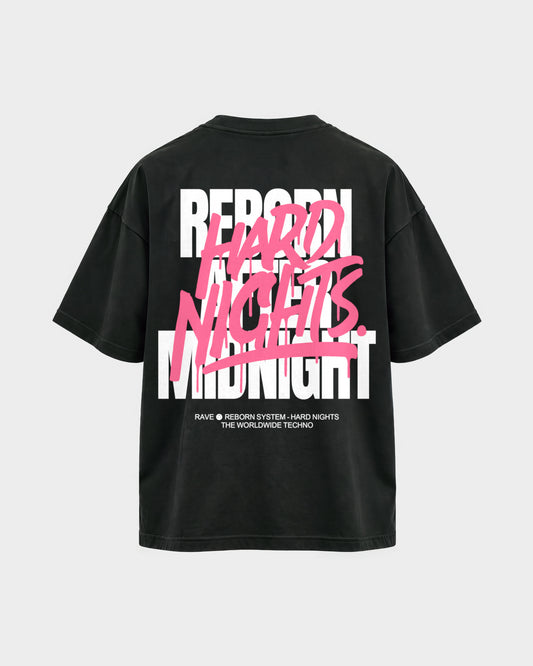 Rave Reborn System – Oversized Shirt in Schwarz, Rückenprint – Hard Nights
