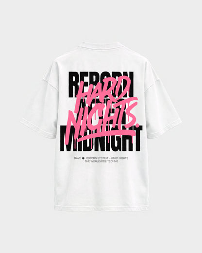 Rave Reborn System – Oversized Shirt in Weiß, Rückenprint – Hard Nights