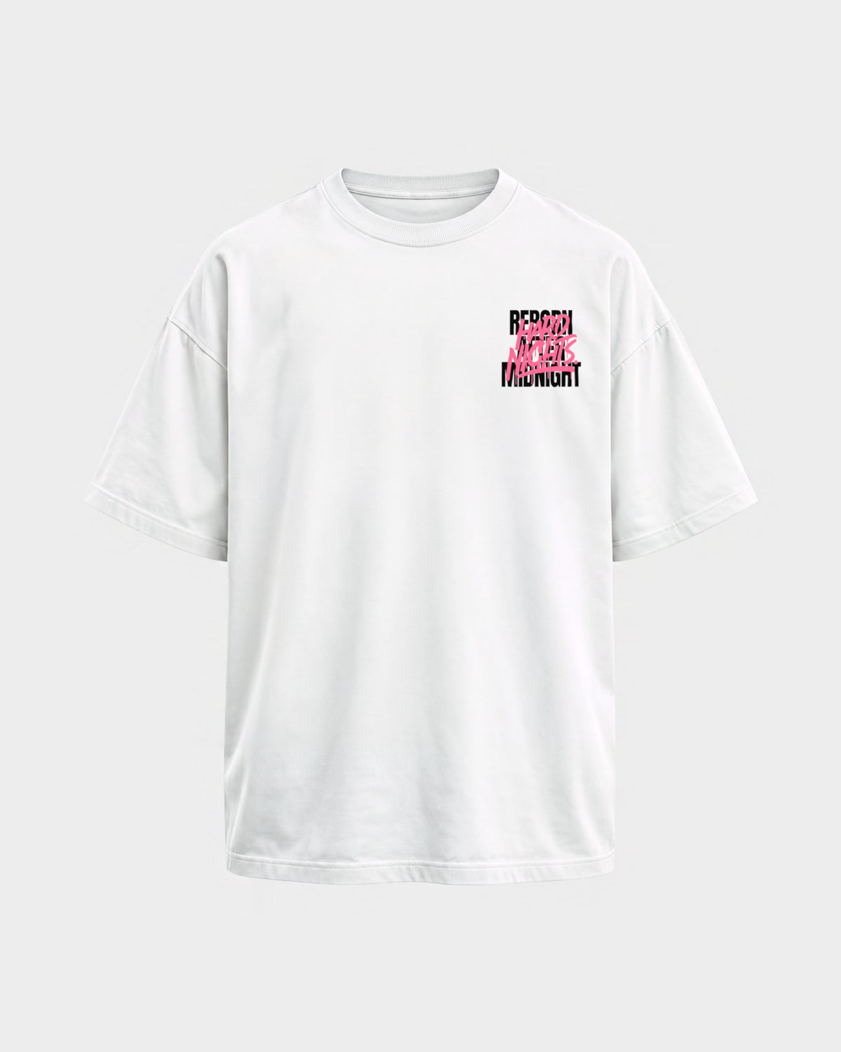 Rave Reborn System – Oversized Shirt in Weiß, Frontprint – Hard Nights