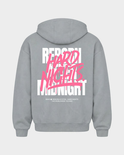 Rave Reborn System – Oversized Zipper Hoodie in Hellgrau, Rückenprint – Hard Nights