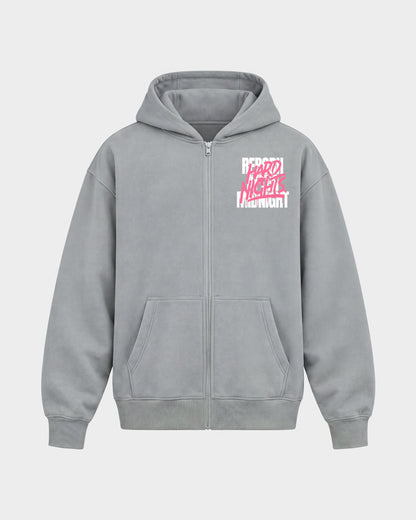 Rave Reborn System – Oversized Zipper Hoodie in Hellgrau, Frontprint – Hard Nights