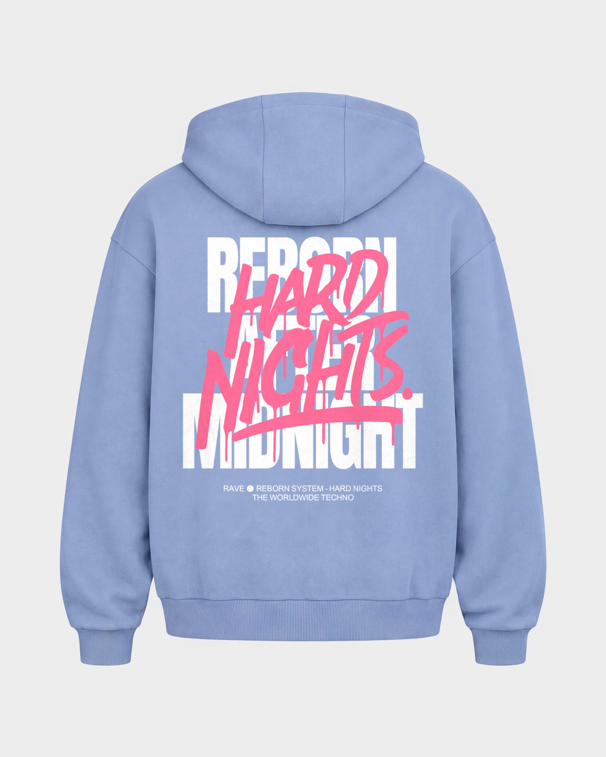 Rave Reborn System – Oversized Zipper Hoodie in Puderblau, Rückenprint – Hard Nights