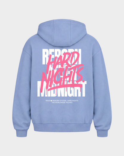 Rave Reborn System – Oversized Zipper Hoodie in Puderblau, Rückenprint – Hard Nights