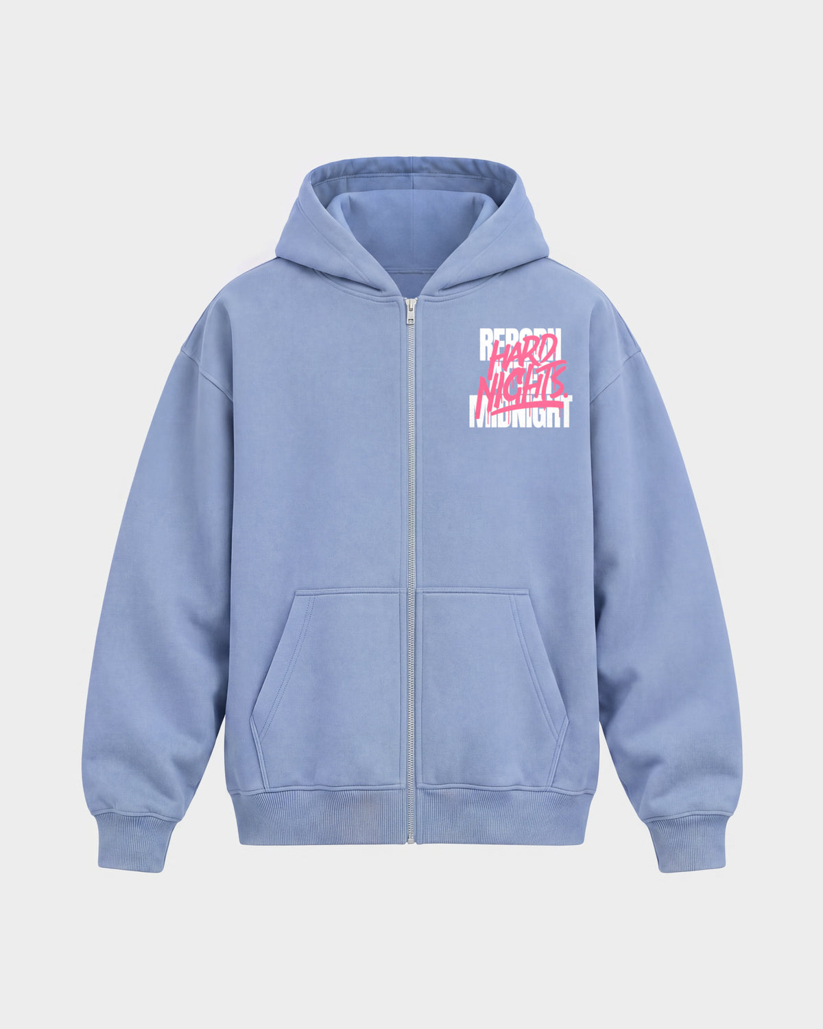 Rave Reborn System – Oversized Zipper Hoodie in Puderblau, Frontprint – Hard Nights