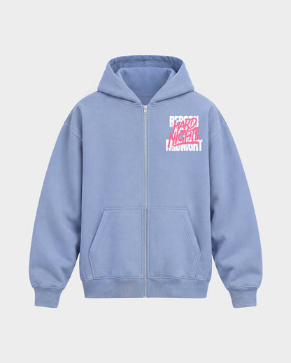 Rave Reborn System – Oversized Zipper Hoodie in Puderblau, Frontprint – Hard Nights