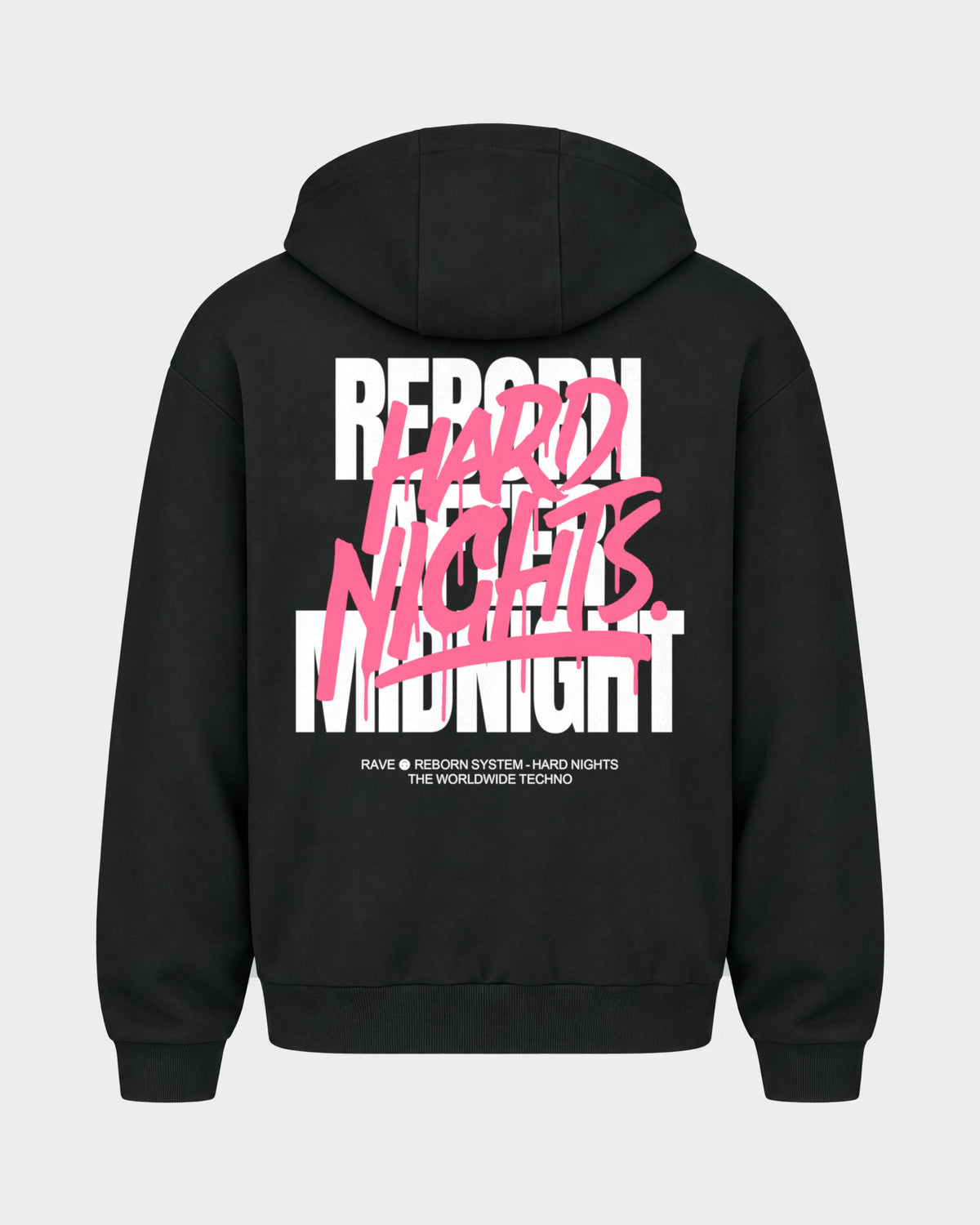 Rave Reborn System – Oversized Zipper Hoodie in Schwarz, Rückenprint – Hard Nights
