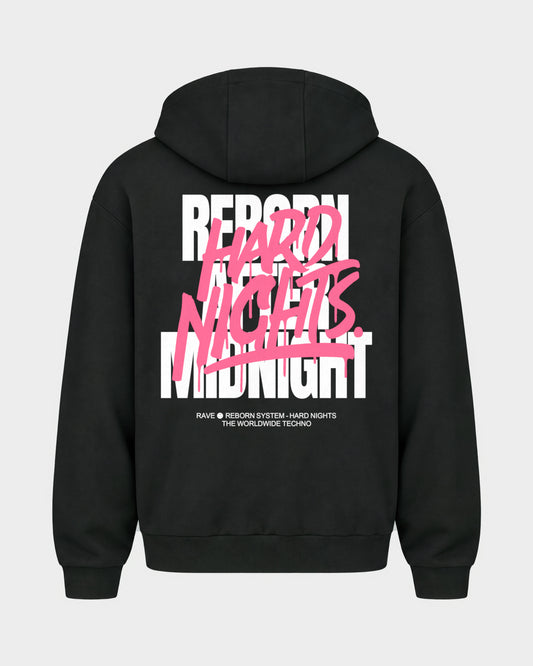Rave Reborn System – Oversized Zipper Hoodie in Schwarz, Rückenprint – Hard Nights