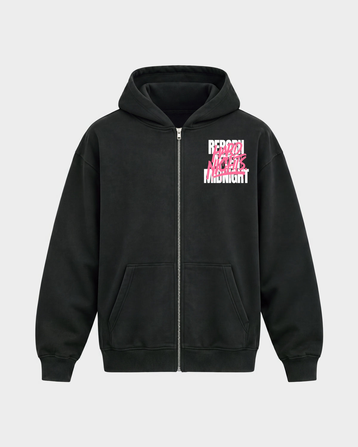 Rave Reborn System – Oversized Zipper Hoodie in Schwarz, Frontprint – Hard Nights
