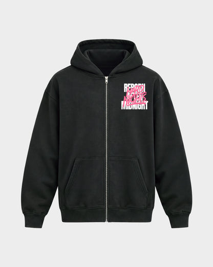 Rave Reborn System – Oversized Zipper Hoodie in Schwarz, Frontprint – Hard Nights