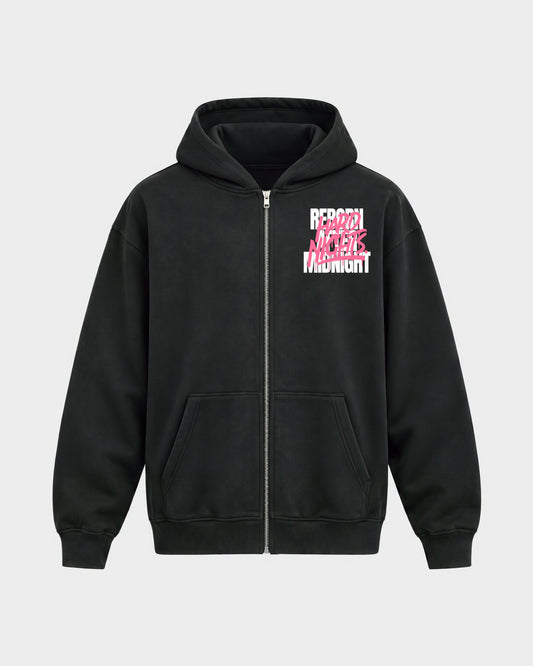 Rave Reborn System – Oversized Zipper Hoodie in Schwarz, Frontprint – Hard Nights