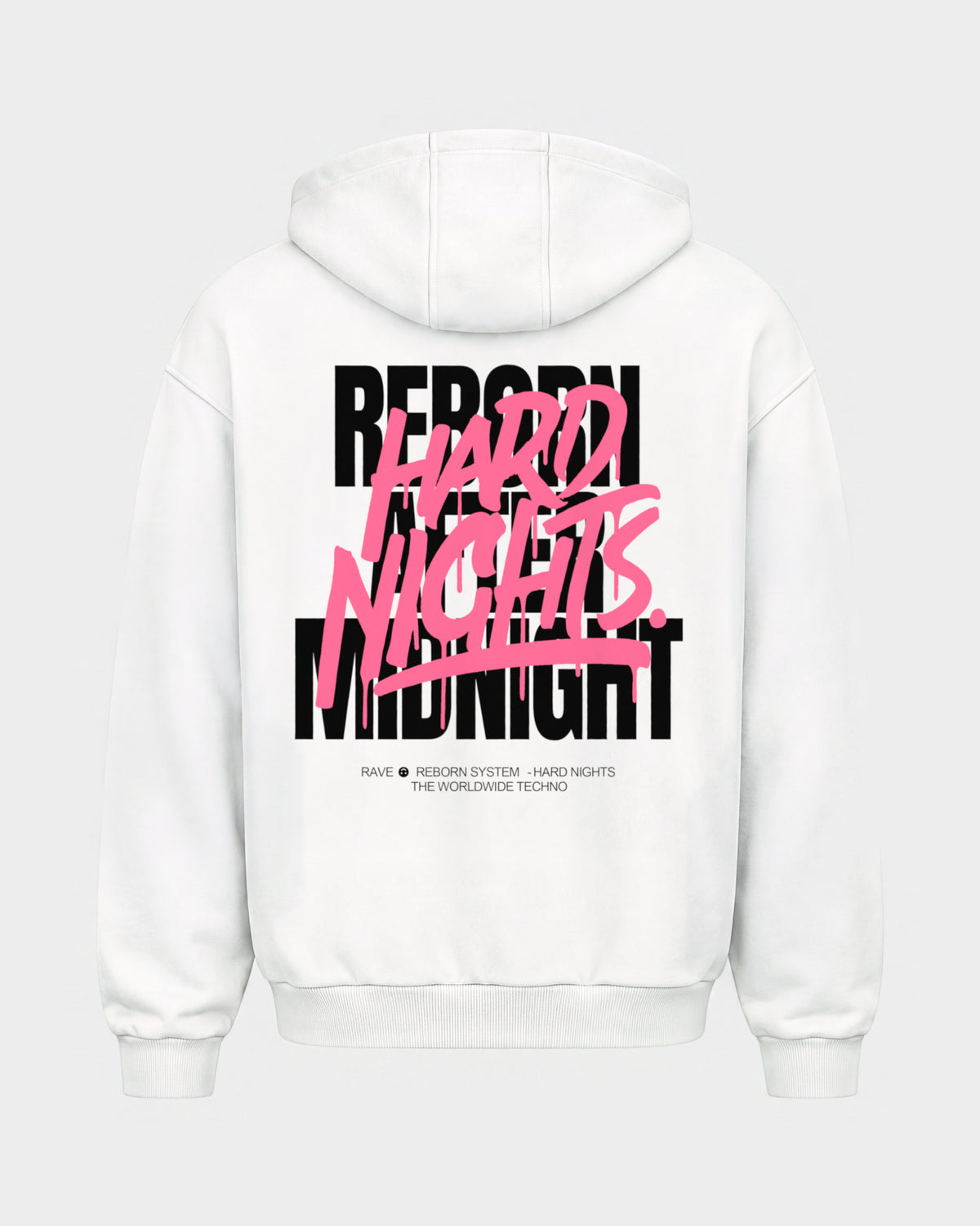 Rave Reborn System – Oversized Zipper Hoodie in Weiß, Rückenprint – Hard Nights