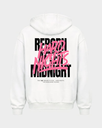 Rave Reborn System – Oversized Zipper Hoodie in Weiß, Rückenprint – Hard Nights